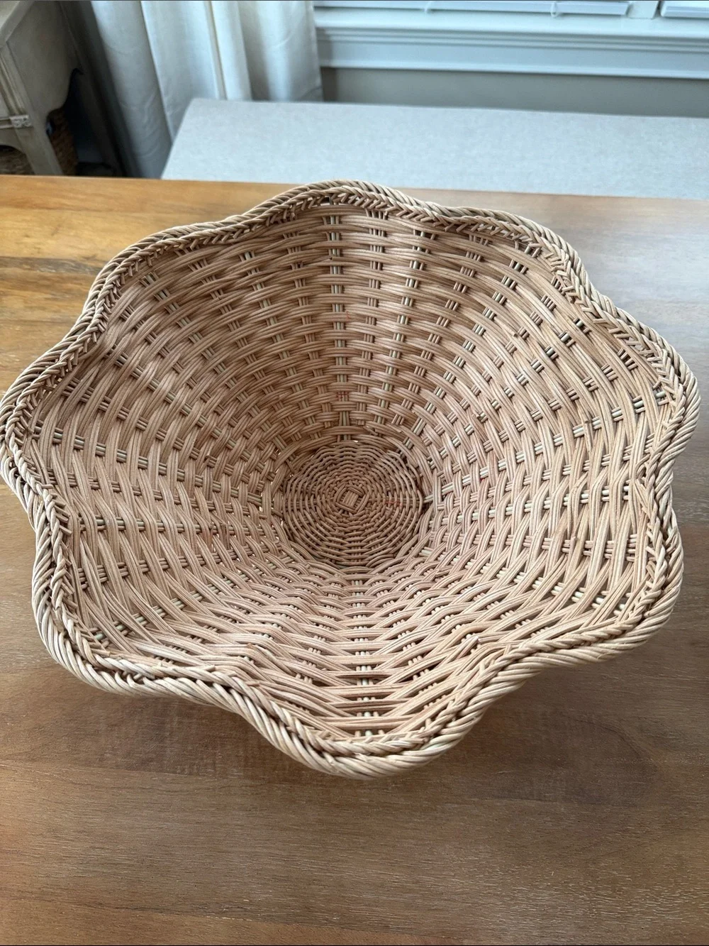 TUDIO MCGEE FOR THRESHOLD WOVEN WICKER PEDALSTAL BOWL, WAVY RIM DIAM 15”X 7 ¼ “